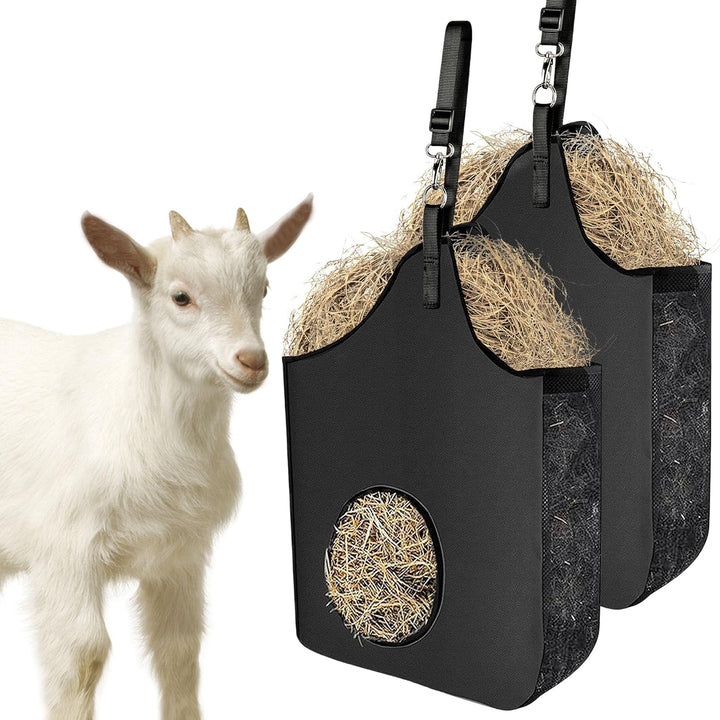 Hay Bag Hanging Goat Feeder Tote Premium Oxford Cloth with Metal Ring and Adjustable Strap for Horses Donkeys Cows Alpacas Ostriches or Other Animals Black