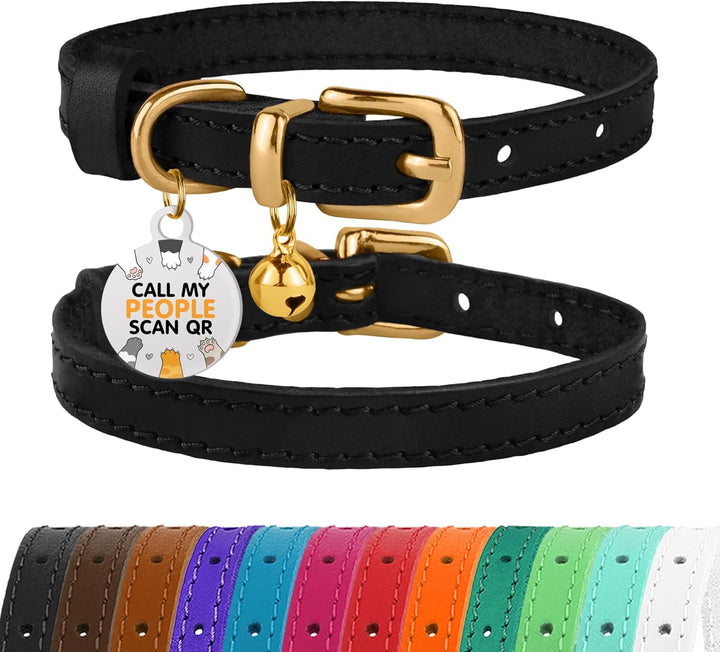 Leather Cat Collar with Removable Bells Non Breakaway Kitten QR Tag for Girl Boy (7" - 9" for Cats, Black & Gold)