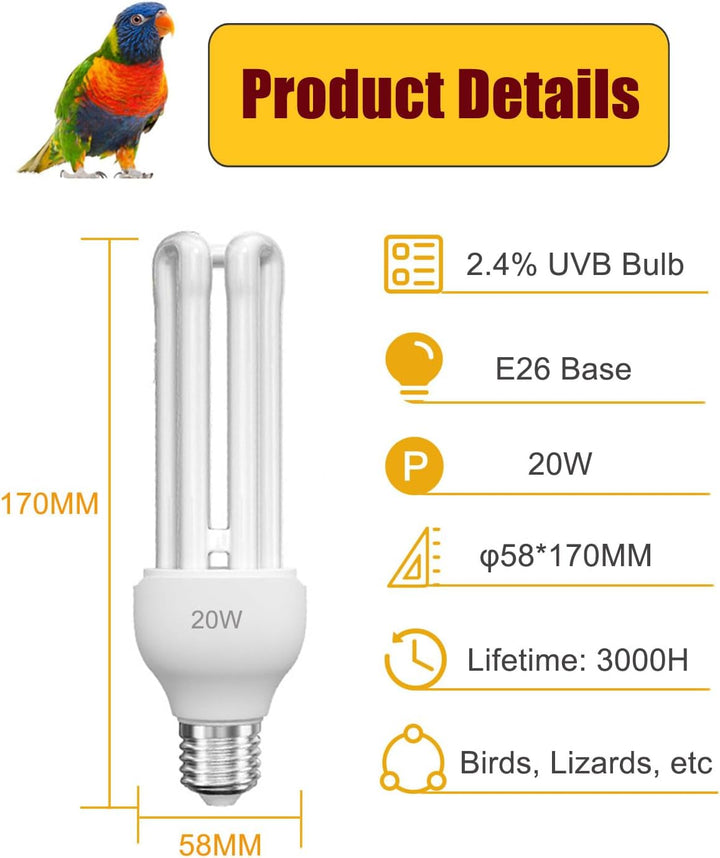 2 Pack E26 UVA UVB Light Bulb for Birds 2.4 UVB 20W Compact Flourescent Lamp for All Kinds Captive Birds, Natural Sunlight Simulation Bird Parrot Light Bulb