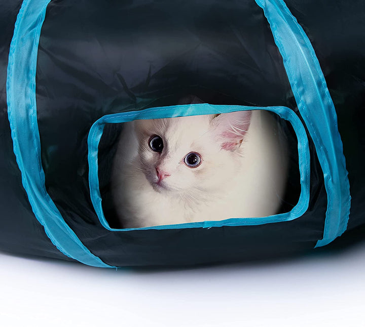 Cat Tunnel, S-2-Way Cat Tunnels for Indoor Cats, Collapsible Cat Play Tunnel, Interactive Toy Maze Cat House with 1 Play Ball for Cats, Puppy, Kitty, Kitten, Rabbit (Blue & Black)