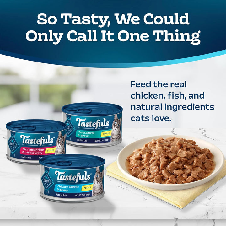 Tastefuls Flaked Wet Cat Food Variety Pack, Made with Natural Ingredients, Tuna, Chicken, Fish & Shrimp, 3-Oz Cans (12 Count, 4 of Each)