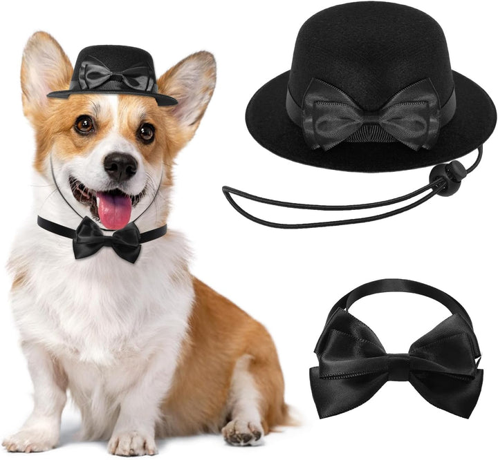 Pet Formal Accessories Set 2 Pcs Dog Costume Top Hat with Formal Pet Tuxedo Bowtie/Necktie Birthday Party Halloween Gradation Christmas Dog Cat Costumes Accessories Black One Size