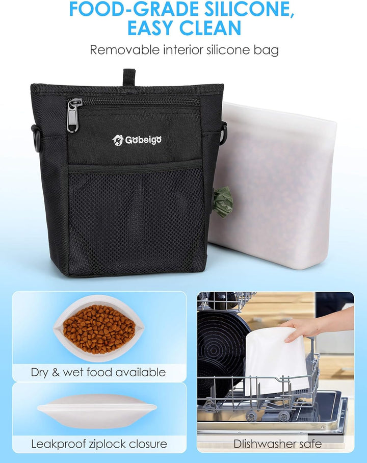 Dog Treat Pouch with Silicone Liner, 【4 Cup】【3 Ways to Wear 】 Treat Bag with Training Clicker, Front Pocket Fits All Phones, Upgrade Stronger Magnetic Closure Walking Fanny Pack (Black)