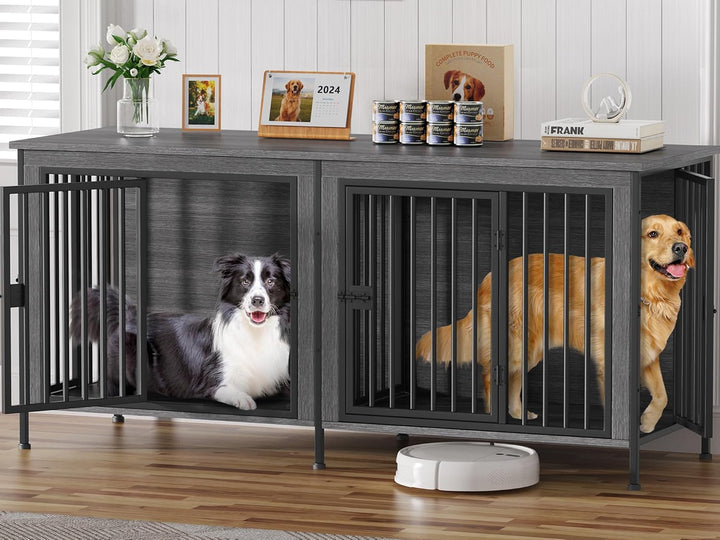 Dog Crate Furniture for 1 or 2 Dogs, Heavy Duty Single/Double Dog Crates for Small/Medium/Large Dogs, Dog Kennel Furniture Indoor as TV Stand, Large Size 78.74" L(35-60 Pounds), Brown