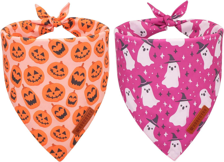 Halloween Dog Bandana, Pink Pumpkin Ghost Pet Scarf, Premium Durable Fabric, Adjustable Fit Female Halloween Bandanas for Medium Large Dogs Pets (Large)