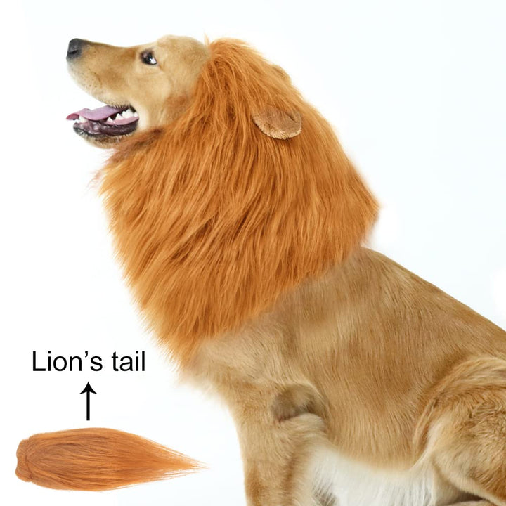 Lion Mane for Dog Costume, Realistic Funny Lion Wig for Medium to Large Sized Dogs, Halloween Fancy Mane (Brown Ear Tail)