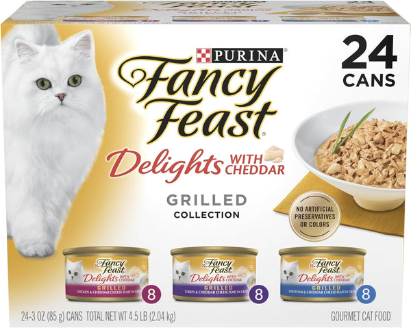 Purina  Delights with Cheddar Grilled Chicken, Turkey or Whitefish and Cheddar Cheese Feast in Gravy Wet Cat Food Variety Pack - (Pack of 24) 3 Oz. Cans