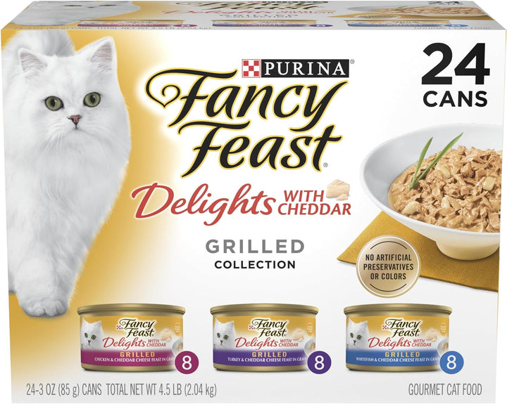 Purina  Delights with Cheddar Grilled Chicken, Turkey or Whitefish and Cheddar Cheese Feast in Gravy Wet Cat Food Variety Pack - (Pack of 24) 3 Oz. Cans