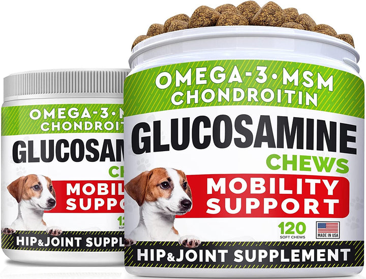 Glucosamine Treats for Dogs - Joint Supplement W/Omega-3 Fish Oil - Chondroitin, MSM - Advanced Mobility Chews - Joint Pain Relief - Hip & Joint Care - Chicken Flavor - 120 Ct - Made in USA