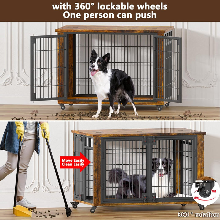 90% Pre-Assembled 41" Moveable XL Dog Crate, Large Dog Crate Furniture with Top-Access Teasing/Feeding Doors, Chew-Resistant Dog Kennel Indoor Furniture for Medium and Large Dogs