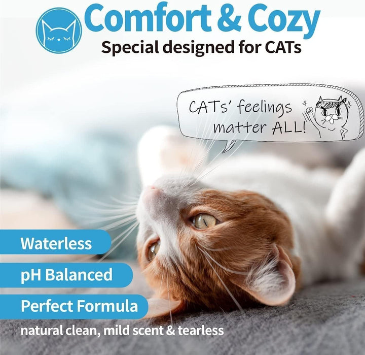 Waterless Cat Shampoo, 100% Licking Safe & Vet Approved No Rinse Dry Bath Foam - Gentle Deodorizer for Short Haired Cats, Seniors & Kittens - Soothes Sensitive Skin, Reduces Dander & Odor