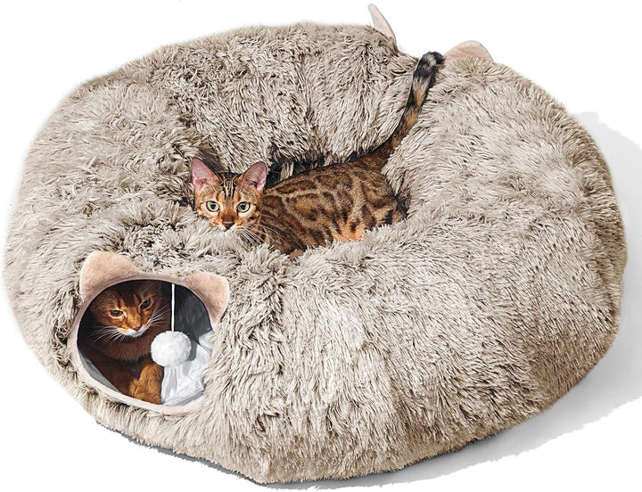 Cat Tunnel with Cat Bed for Indoor Cats, under Christmas Tree Soft Plush Peekaboo Cat Cave Donut Tunnel, Multifunctional Playground Toys Hideplace for Kittens, Rabbit, Ferret (Grey)