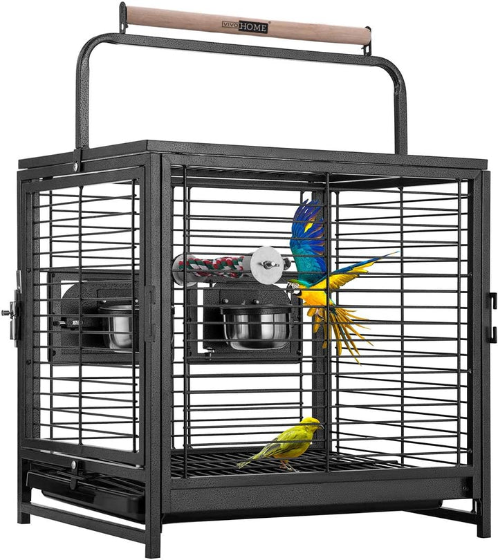 19 Inch Wrought Iron Bird Travel Carrier Cage for Parrots Conures Lovebird Cockatiel Parakeets Black