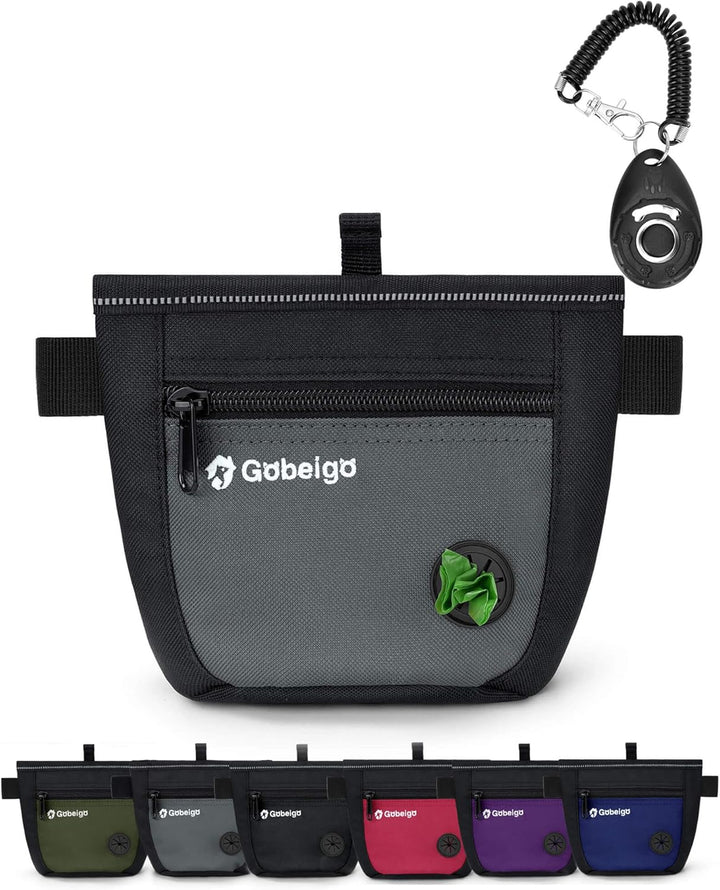 Dog Treat Pouch and Training Clicker, Upgrade Two Magnetic Closure to Prevent Spills, 2 Cup Treat Bag with Poop Bag Dispenser, Metal Clip Waist Belt Fanny Pack for Pet Walk (Black)