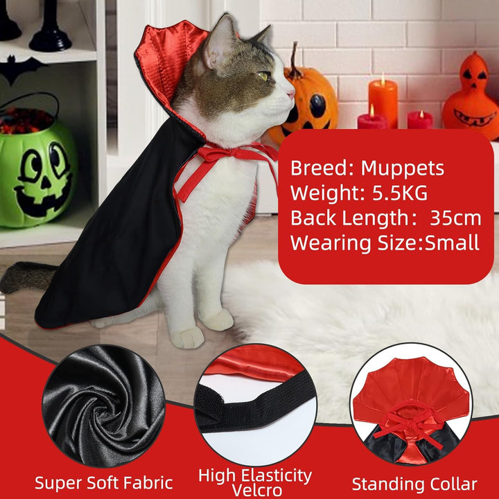 Halloween Pet Vampire Cape – Adjustable Red & Black Costume for Cats & Small Dogs 15.74″ Spooky Cloak with Stand-Up Collar Funny Halloween Pet Outfit (S Size)