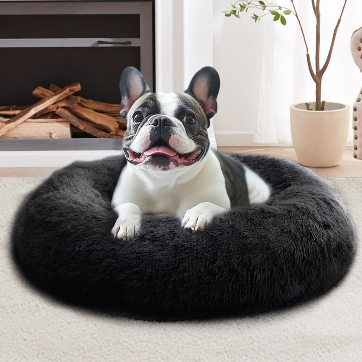 Small Dog & Cat Beds for Indoor Cats, Donut Cuddler Warming Soft Dog Beds with Anti-Slip Bottom, round Calming Fluffy Plush Faux Fur Cushion Bed for Small Medium Dogs (20", Smoke Grey)