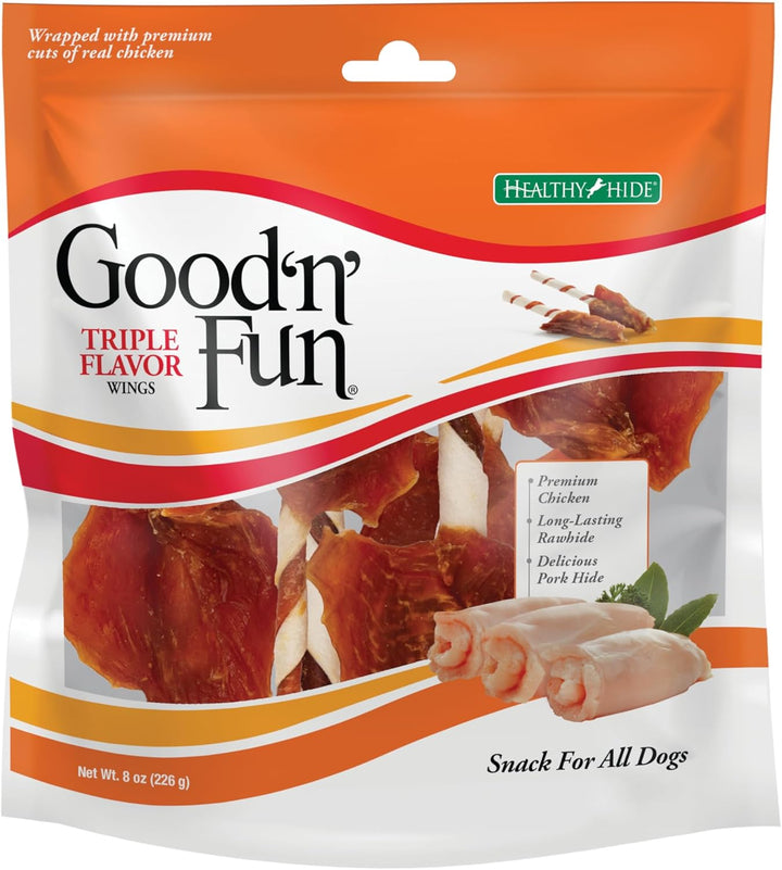 Good ‘N’ Fun Triple Flavor Wings Chews for All Dogs, 12 Ounces, Treat Your Dog to Long-Lasting Chews Made with Chicken, Pork Hide and Beef Hide