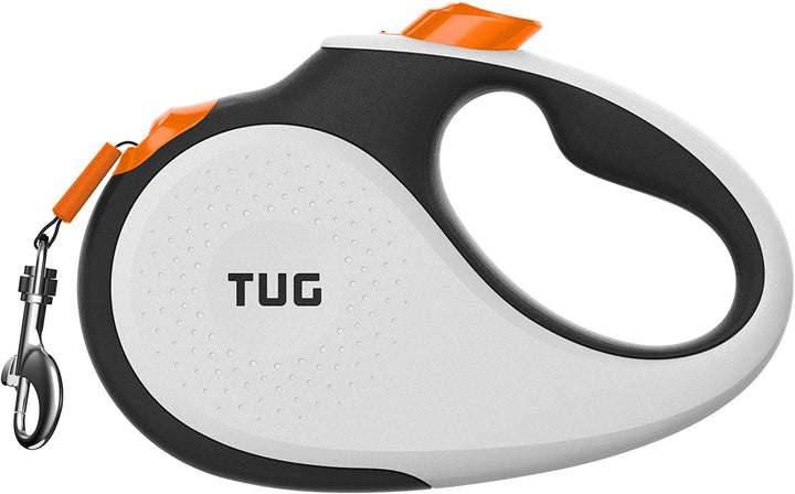 360° Tangle-Free Retractable Dog Leash | 16 Ft Strong Nylon Tape | One-Handed Brake, Pause, Lock (Medium, White)