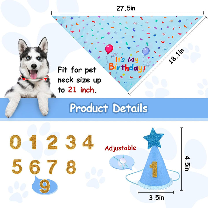 Dog Birthday Party Supplies, Dog Birthday Bandana Set, Dog Boy Girl Birthday Party Hat with Numbers for Large Medium Small Dogs Pet (Blue)