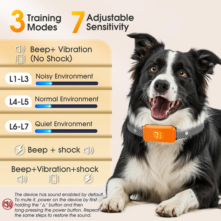 Dog Bark Collar for Large Medium Small Dogs, Effective No-Bark Collar, Smart Barking Collar, Rechargeable Bark Collar with 7-Level Sensitivity, 3 Beep & Vibration Modes, Waterproof, Orange