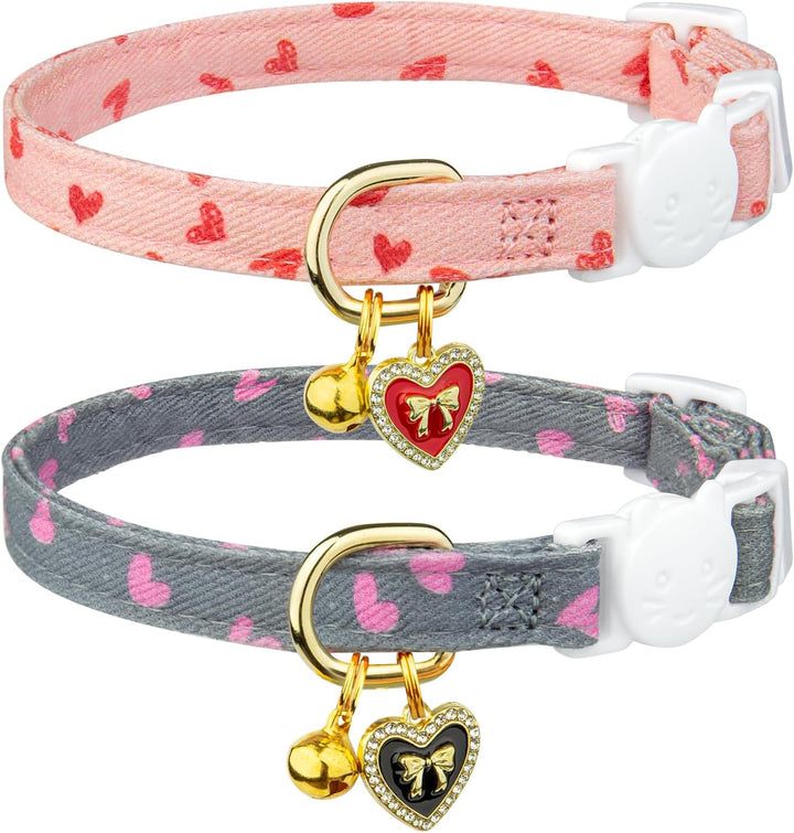 2 Pack Cotton Breakaway Cat Collar Pink Strawberries and White Heart Shaped Pendant Cute Kitten Cat Collar with Bell