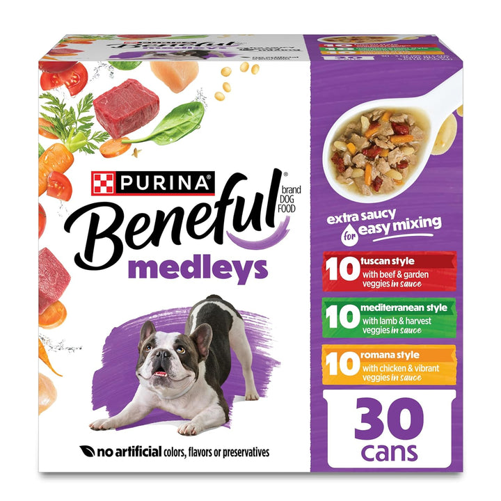 Purina Beneful Medleys Wet Dog Food Variety Pack with Tuscan, Romana, and Mediterranean Style Dog Food in Dog Gravy, 30 Pack - (Pack of 30) 3 Oz. Cans