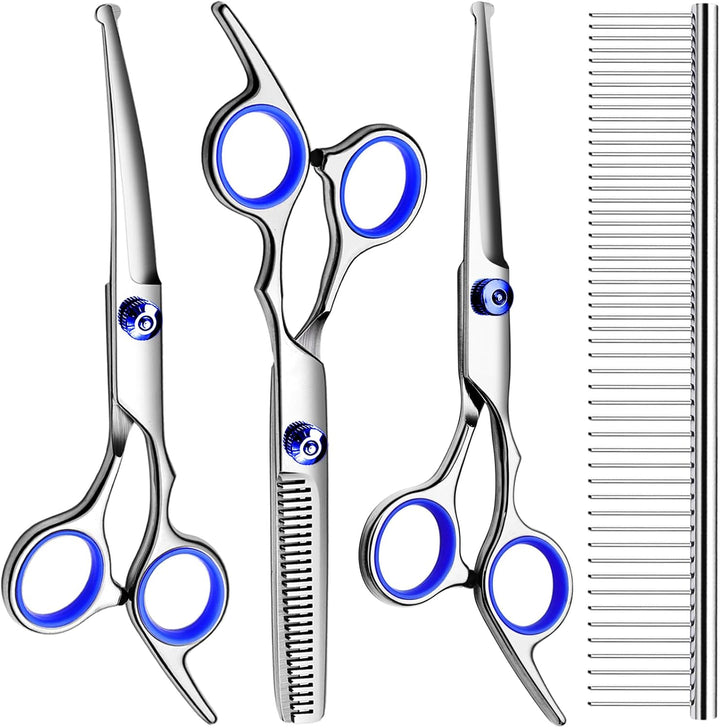 Dog Grooming Scissors with Safety round Tips Stainless Steel Professional Dog Grooming Kit - Thinning, Curved Scissors and Comb for Cat Pet (Pink 4 in 1)