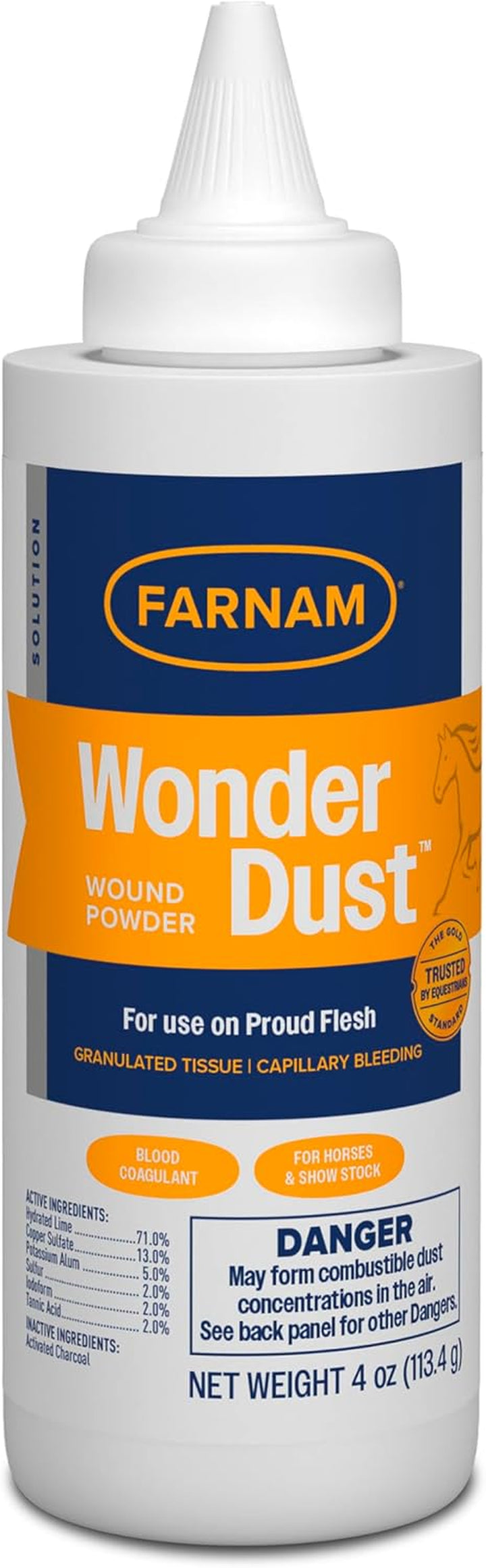 Wonder Dust Wound Powder, Blood Coagulant for Horses and Show Stock, for Use on Proud Flesh, Granulated Tissue, 4 Ounces