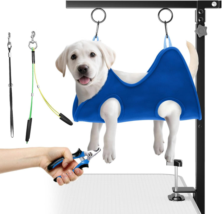 Adjustable Foldable Dog Grooming Arm with Heavy-Duty Clamp: 26" to 40" Height, Includes Safety Hammock & No-Sit Holders – Perfect Grooming Restraint for Small & Medium Dogs at Home or Salons