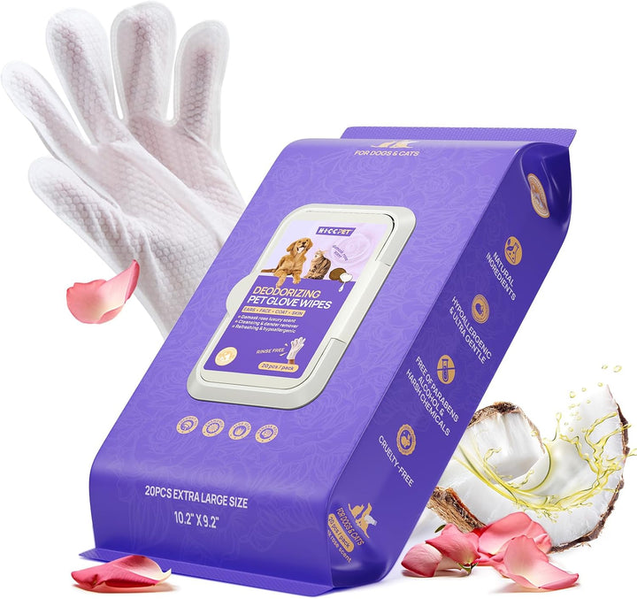 Cleaning Deodorizing Glove Wipes for Dogs & Cats, Vet Recommended Hypoallergenic Pet Cleaning and Hydrating Glove Wipes, Nourish Fur Coconut Oil Pet Bathing Wipes for Horse Coat Care