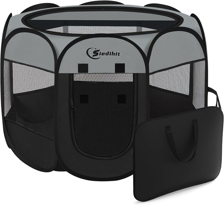 Dog Cat Playpen, Puppy Pet Playpen Indoor for Small Dogs Tent Crates Cage Outdoor, Portable Pop up Dog Kennel Playpen with Carrying Case for Dogs/Cats/Rabbits, Removable Zipper Top, Grey