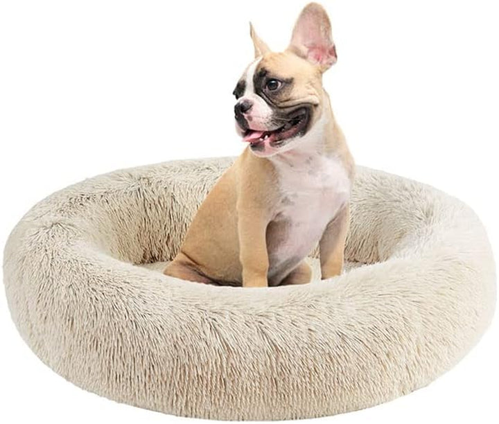 Donut Dog Bed Faux Fur Fluffy Calming Sofa for Medium Dogs, Soft & Plush anti Anxiety Pet Couch for Dogs, Machine Washable Coco Pet Bed with Non-Slip Bottom, 30"X30"X7" Ivory
