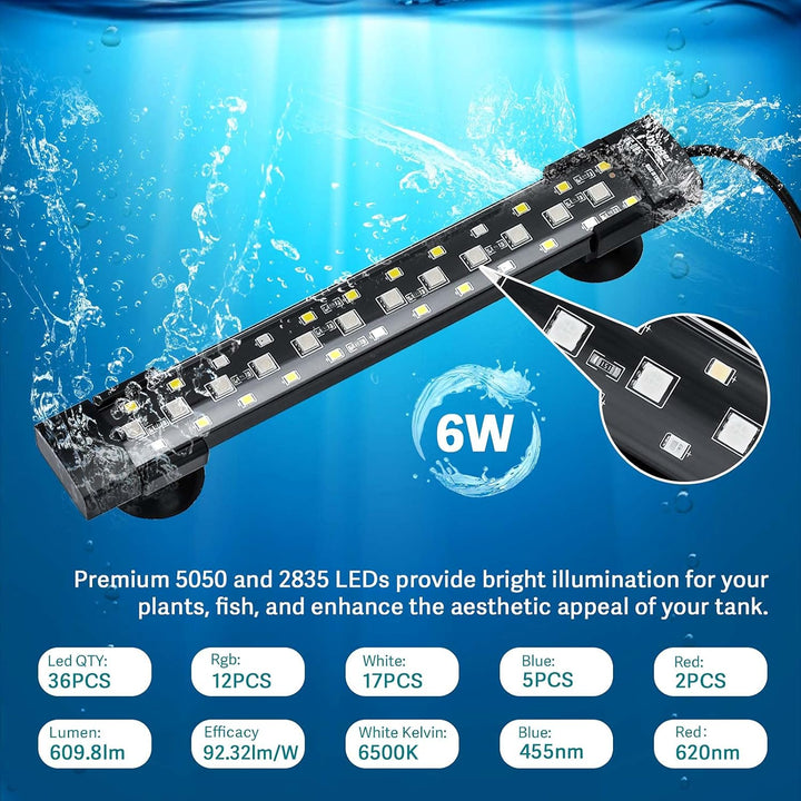 24/7 Mode Submersible Aquarium LED Light, Full Spectrum Hidden Fish Tank Light with 3 Rows Beads 7 Colors Auto on off Sunrise-Daylight-Moonlight, Adjustable Timer Brightness 6W
