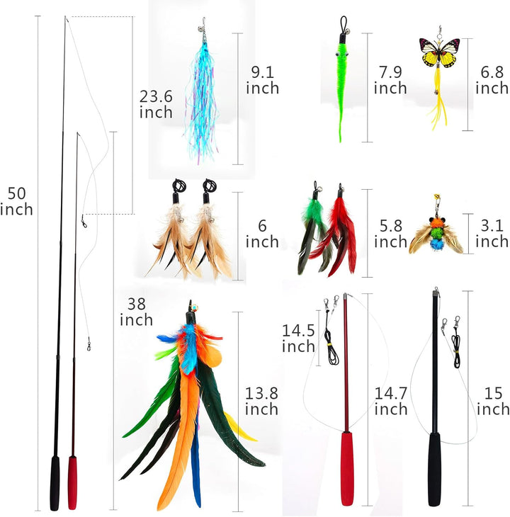 Cat Toys Interactive for Indoor Cats, 2PCS Ultra-Long Teaser(50"+38")+9Pcs Da Bird Feather Refills, Fishing Pole Toy,Retractable Cat Wand Toy and Feather Toys Refills Attachment Replacement