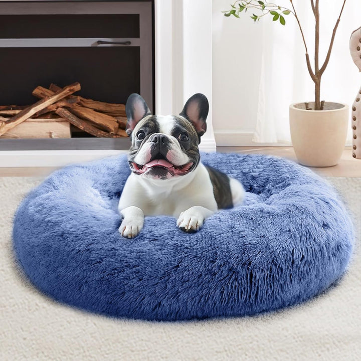 Small Dog & Cat Beds for Indoor Cats, Donut Cuddler Warming Soft Dog Beds with Anti-Slip Bottom, round Calming Fluffy Plush Faux Fur Cushion Bed for Small Medium Dogs (20", Smoke Grey)