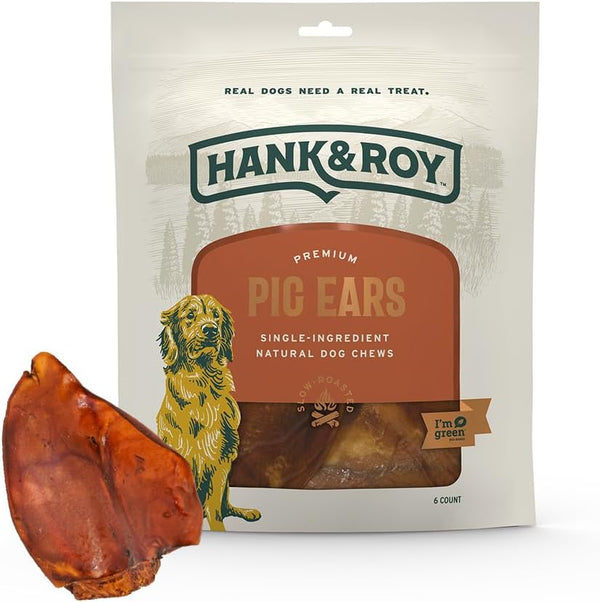 Hank & Roy Pig Ears for Dogs, All-Natural, Single-Ingredient, Long Lasting, Easily Digestible Whole Pig Ear Dog Treats, Antibiotic and Hormone Free, Individually Wrapped for Odor Control and Freshness