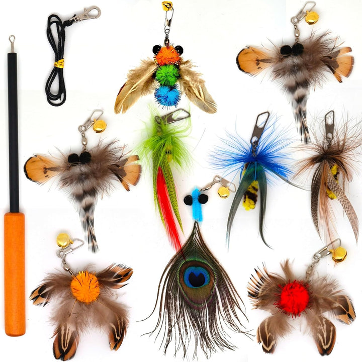 Cat Toys Interactive for Indoor Cats, 2PCS Ultra-Long Teaser(50"+38")+9Pcs Da Bird Feather Refills, Fishing Pole Toy,Retractable Cat Wand Toy and Feather Toys Refills Attachment Replacement