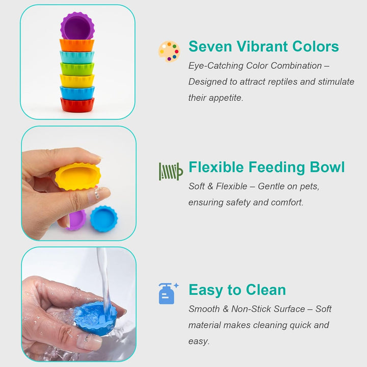 7 Pack Crested Gecko Food and Water Bowl,  Reusable Small Reptile Feeding Dish, Gecko Tank Accessories for Hermit Crab, Tarantula, Isopods and Lizard, Silicone Easy Clean & 7 Colors