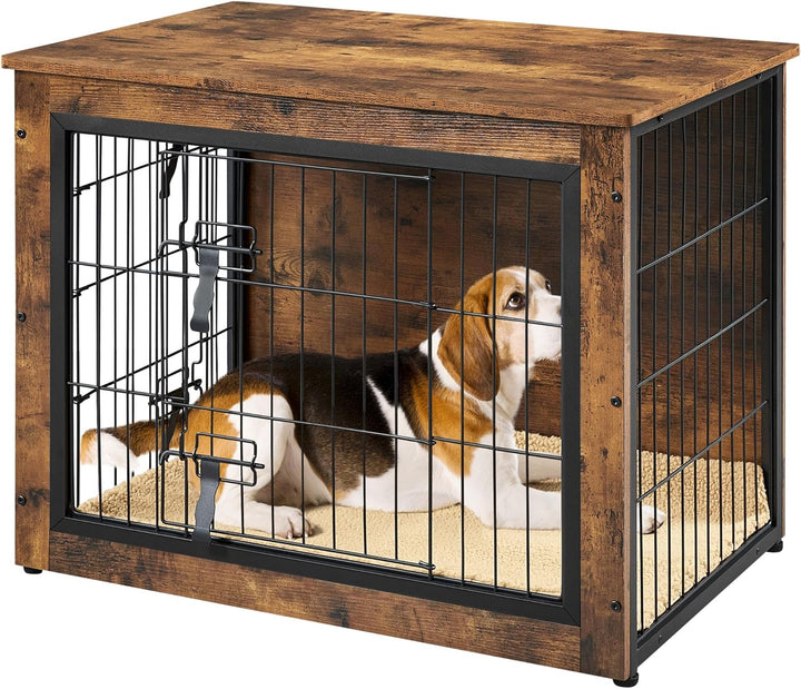 27.5'' Dog Crate Furniture with Cushion Wooden Dog Crate with Double Doors/Adjustable Feet Side End Table for Small/Medium Dogs, 27.5" L X 20" W X 24" H