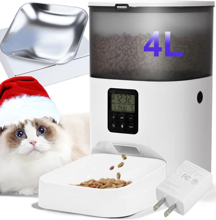 Automatic Cat Feeder, 4L Cat Food Dispenser with 10S Voice Recorder, Pet Feeder up to 8 Meals per Day, Timed Dog Feeder with Dry Food Sealed Ring (White, 4L-Basic)