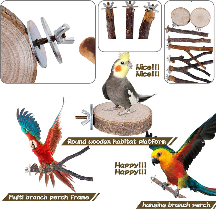 8 Pieces Bird Perch Natural Wooden Parrot Perch Stand Fork Toys Hanging Multi-Branch Perches Platform Hammock Swing Toy for Macaws, Small Parakeets, Conures, Budgies, Finches (A-Color, Mix)