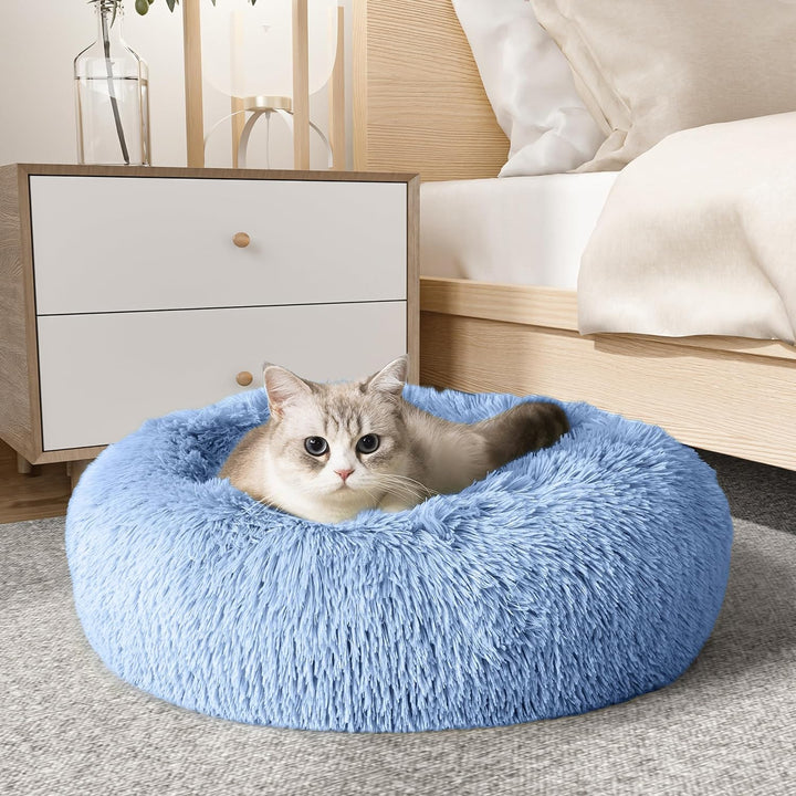 Calming Soft round Dog & Cat Bed, Anti-Anxiety Donut Cuddler Warming Cozy Fluffy Faux Fur Plush Cushion Bed for Small Medium Dogs and Cats (20"/24"/27"/30"), Light Grey
