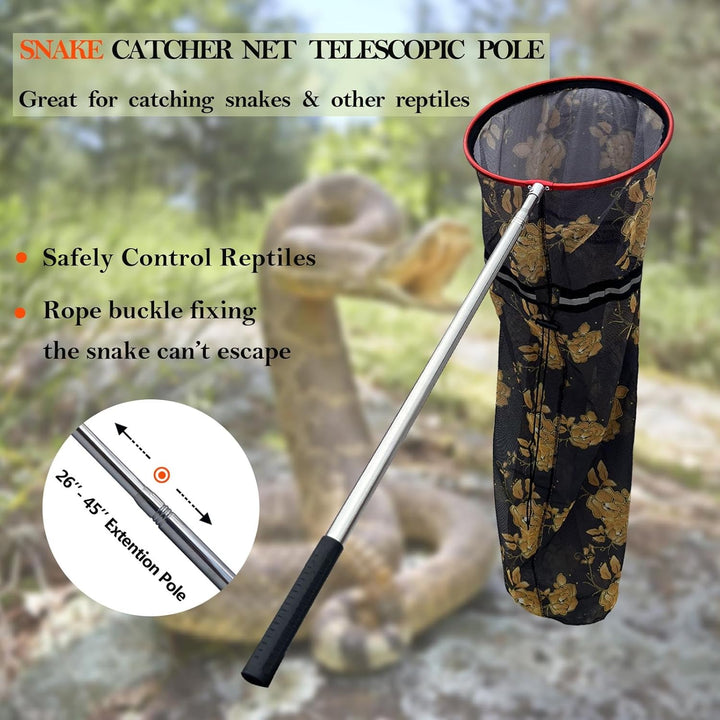 Snake Catcher Net, Rattlesnake Grabber Handling Tool Large Reptile Closure Net, Snake Traps Telescopic Pole Stick, Rattle Snake Moving and Catching Picker with a Handle Extendable from 26'' to 45‘’