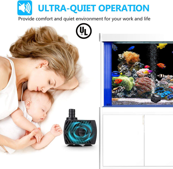 Fountain Pump, 80GPH(4W 300L/H) Submersible Water Pump, Durable Outdoor Fountain Water Pump with 4.9Ft Tubing (ID X 1/3-Inch), 3 Nozzles for Aquarium, Pond, Fish Tank, Water Pump Hydroponics