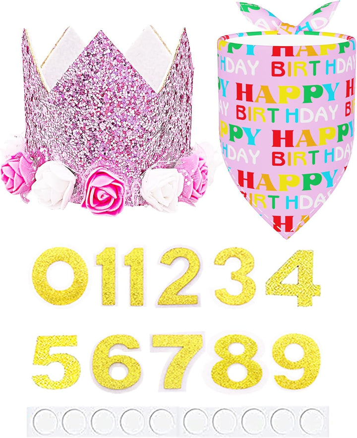 Pink Crown Dog Birthday Party Hat for Girls Reusable Birthday Party Cat Kitten Headband with 0-9 Figures Charms Grooming Accessories with Glue Pack of 1
