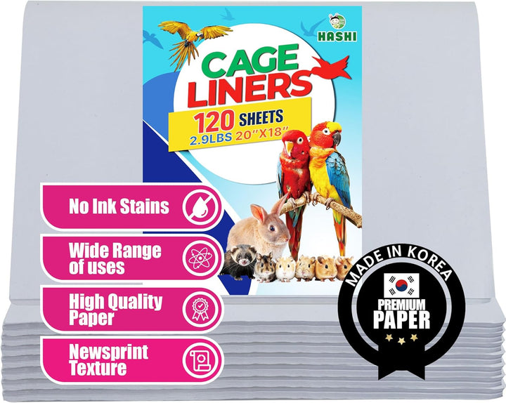 Bird Cage Liner - 120 Disposable Sheets Made from Acid-Free Newsprint. Non-Toxic for Birds, Ideal for Packing, Pet Cages, Crafts, Shipping, and Moving. Easy to Clean (31"X21.5")