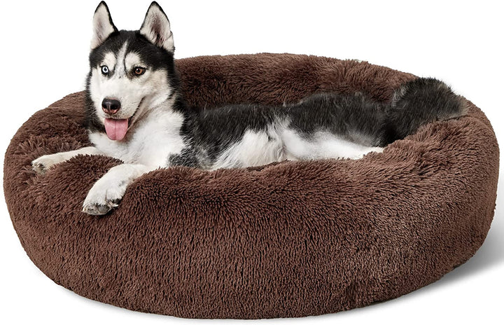 Calming Dog Bed Medium Size Dog - Donut Washable Medium Pet Bed, 30 Inches Anti-Slip round Fluffy Plush Faux Fur Cat Bed, Fits up to 45 Lbs Pets, Camel