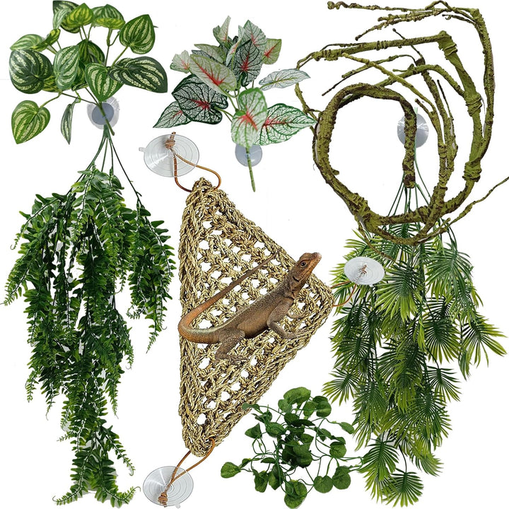 Reptile Plants for Bearded Dragon Tank Accessories, Terrarium Plant Artificial Decor for Snake Cage, Fake Plant for Leopard Gecko Habitat, Lizard Chameleon Ball Pythons (Group BN)