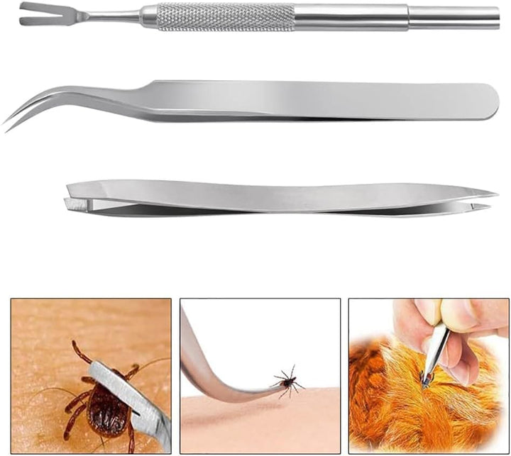 2Pcs Silver Stainless Steel Tick Tweezers Dual Tipped Tick Remover Tool First Aid Tweezers Tick Killer Tweezer for Human Dogs Cats Tick Remover Tools Flea and Tick Control