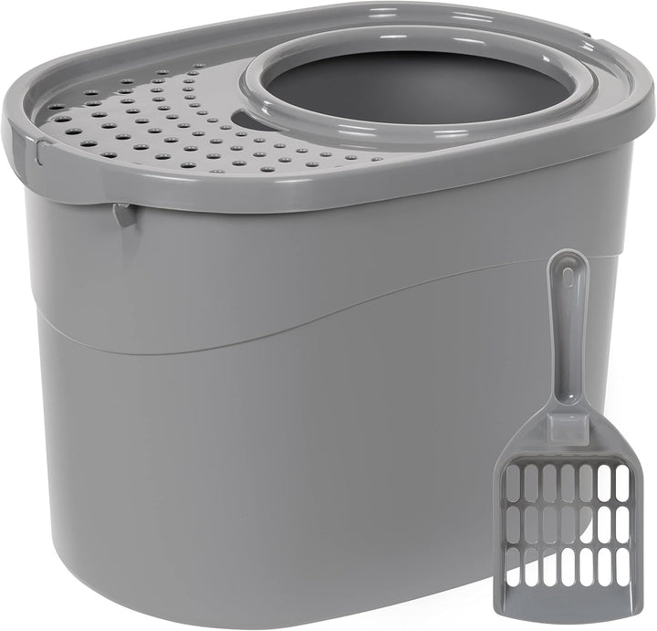 Large Cat Litter Box with High Sides, Open Top, Includes Scoop, 19 X 15 X 11.75 Inches, Grey/Beige